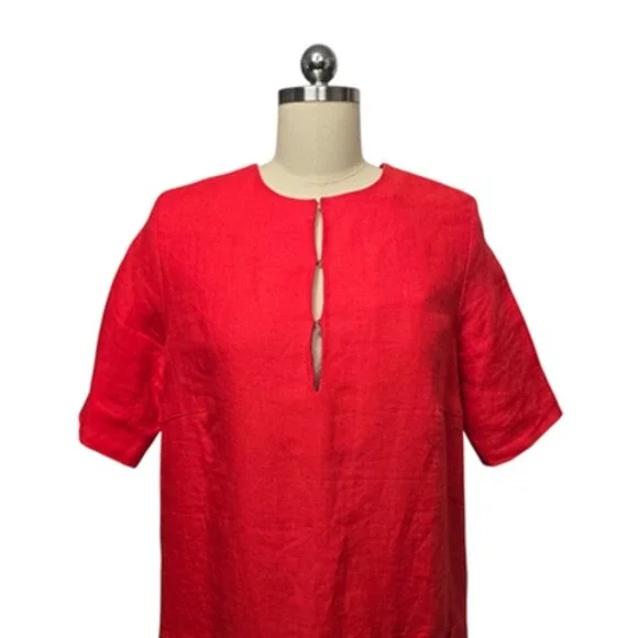 Emerson Fry Dress Womens Medium Red Linen Shift Short Sleeve Keyhole Made in USA